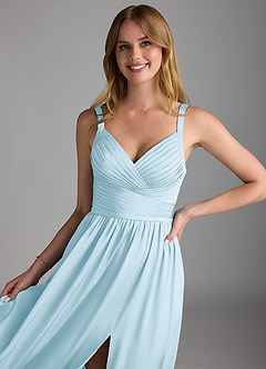 Azazie Chanel Bridesmaid Dresses Sky Blue A-Line Pleated Stretch Satin Dress image3