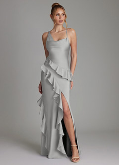 Azazie Jayda Bridesmaid Dresses Silver A-Line Ruched Stretch Satin Dress image1