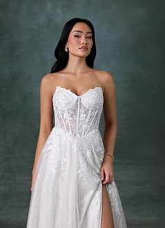 Azazie Ivonnah At-home Try On Dresses Diamond White A-Line Strapless Tulle Dress image4