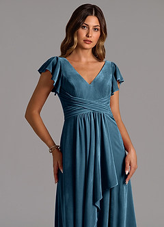 Azazie Omari Bridesmaid Dresses Blue Topaz A-Line Pleated Velvet Dress image2