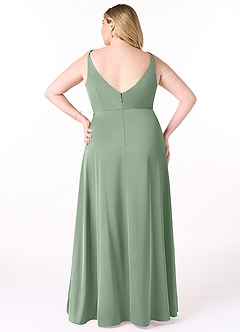Azazie Dalilah Final Sale Matcha A-Line V-Neck Pleated Stretch Satin Dress image7