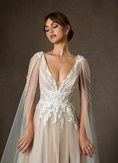 Azazie Goddess Wedding Dresses Diamond White Nude A-Line V-Neck Sequins Tulle Dress image7