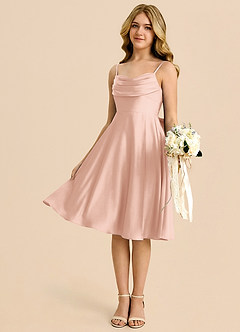 Azazie Bear Junior Robe Trapèze en Satin extensible Encolure en Forme de Cœur Or Rose image4