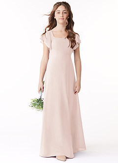 Azazie Bondi Junior Rose Petal A-Line Bow Chiffon Dress image2