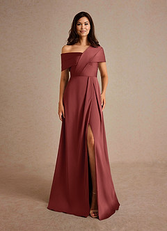 Azazie Milton Mother of the Bride Dresses Terracotta A-Line Pleated Stretch Satin Dress image7