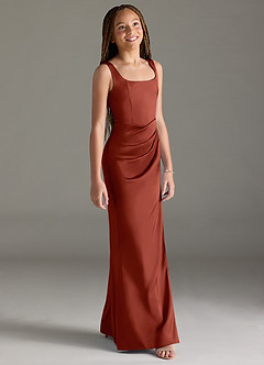 Azazie Mero Junior Terracotta Mermaid Pleated Stretch Satin Dress image3