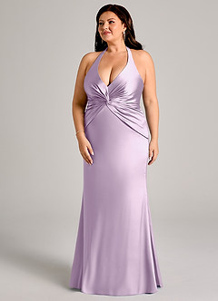 Azazie Valerie Jurken voor bruidsmeisjes Jurk van Stretch Satijn met Zeemeermin Geplooid Frosted Lila image11