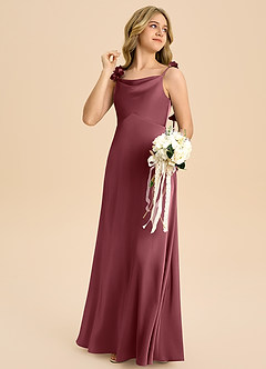 Azazie Gumdrop Junior imperium Plisseret Stræk satin Gulv-længde Junior brudepige Kjole image4