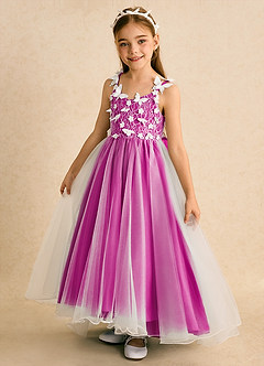 Azazie Darlina Robe Demoiselle D'honneur Fillette Robe Princesse en Tulle Dentelle Ivoire Fuchsia image9