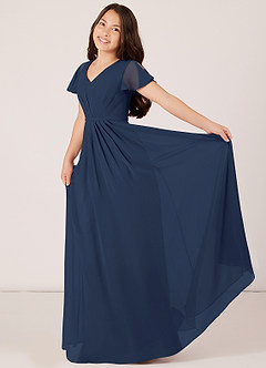 Azazie Peony Junior Dark Navy A-Line Pleated Chiffon Dress image4