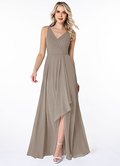 Azazie Calvi Bridesmaid Dresses Taupe A-Line Ruched Chiffon Dress image1