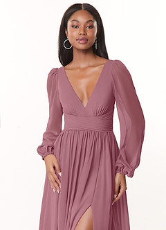 Azazie Norah Bridesmaid Dresses Vintage Mauve A-Line V-Neck Long Sleeve Chiffon Dress image5