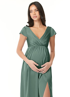 Azazie Allessia Robes de demoiselle d'honneur de maternité Robe Trapèze Plissée Longueur ras du sol Satin extensible image5