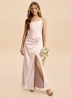 Azazie Minnie Junior Robe Trapèze en Satin extensible Rayé Rose Pâle image4
