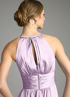 Azazie Bonnie Bridesmaid Dresses Frosted Lilac A-Line Pleated Stretch Satin Dress image6