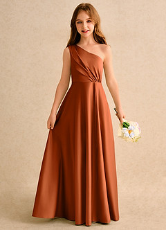 Azazie Puddles Girls Formal Flower Girl Dresses Burnt Orange A-Line One Shoulder Matte Satin Dress image1