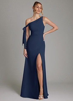 Azazie Aylin Final Sale Dark Navy Sheath Off the Shoulder Chiffon Dress image1