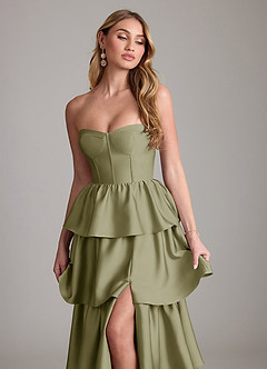 Azazie Faye Bridesmaid Dresses Pistachio A-Line Ruched Stretch Satin Dress image5