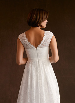 Azazie Ginnie At-home Try On Dresses Diamond White A-Line Lace Dress image7