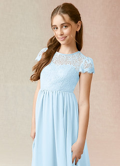 Azazie Delevingne Junior Vestido de Azul Cielo de Gasa de Corte en A con Encaje image4