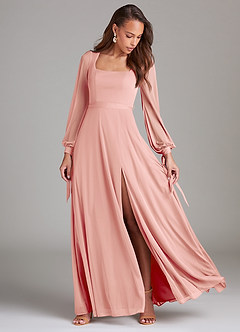 Azazie Leonia Bridesmaid Dresses Rosette A-Line Long Sleeve Mesh Dress image2
