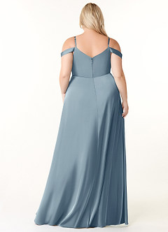 Azazie Ocean Bridesmaid Dresses Dusty Blue A-Line V-Neck Pleated Stretch Satin Dress image2