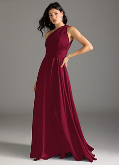 Azazie Charlize Bridesmaid Dresses Burgundy A-Line One Shoulder Stretch Satin Dress image4
