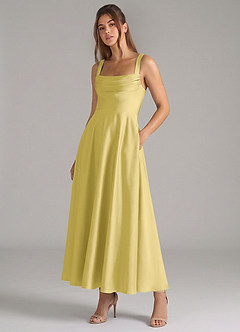 Azazie Shaude Jurken voor bruidsmeisjes Jurk van Stretch Satijn met A-Lijn Geplooid Kanarie image5