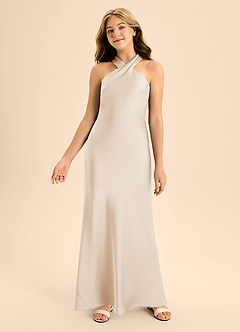 Azazie Doretta Junior White Alabaster A-Line Pleated Stretch Satin Dress image4