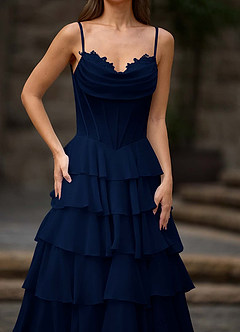 Floralace Navy Ruffled A-line Prom Dress image6
