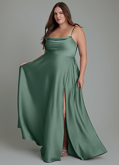 Azazie Elle Bridesmaid Dresses Eucalyptus A-Line Pleated Stretch Satin Dress image8