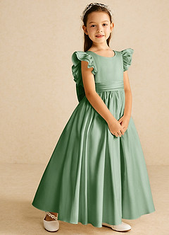 Azazie Piglette Robe Demoiselle D'honneur Fillette Robe Trapèze en Mat Satiné Arc Matcha image5