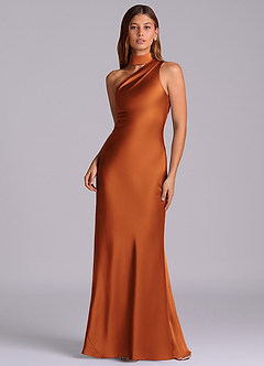 Azazie Seona Robes de demoiselle d'honneur Robe Sirène en Satin extensible Ue épaule Cannelle image1