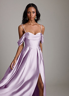 Azazie Loisa Abiti da Damigella Abito A-Line in Raso Elasticizzato a Spalla Scoperta Lilla Glassato image3