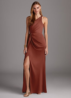 Azazie Mika Vestidos de damas de honor Vestido de Castaño de Satén Elástico de Corte Recto con Hombro unilateral image3