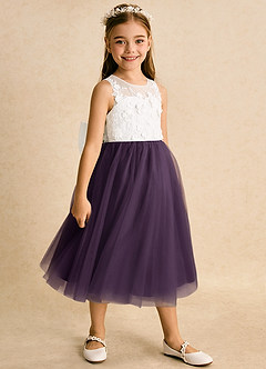 Azazie Lina Flower Girl Dresses Ivory Plum Ball-Gown Lace Dress image3