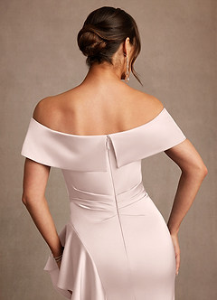 Azazie Kirsty Mother of the Bride Dresses Blushing Pink Sheath Off the Shoulder Stretch Satin Dress image6