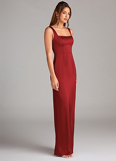 Azazie Flori Bridesmaid Dresses Pomegranate Sheath Side Slit Stretch Satin Dress image3