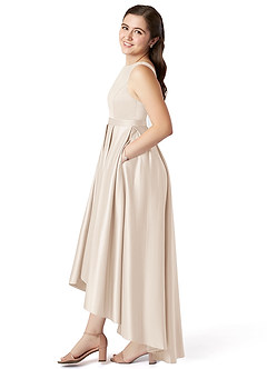 Azazie Inaya Junior White Alabaster A-Line with Belt Stretch Satin Dress image3
