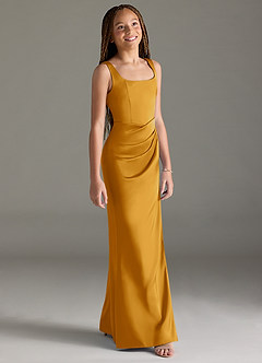 Azazie Mero Junior Butterscotch Mermaid Pleated Stretch Satin Dress image3