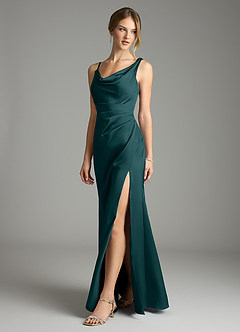 Azazie Samara Robes de demoiselle d'honneur Robe Sirène en Satin extensible Plissée Vert Pin image3