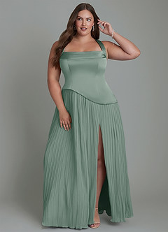 Azazie Stephanie Vestidos de damas de honor Vestido Salvia Plateada de Satén Elástico de Línea A con Plisado image1