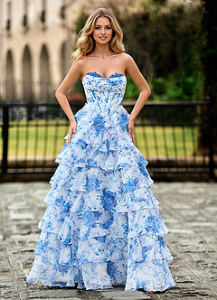 Flomu Floral Bleu Et Blanc Robe de bal imprimée trapèze image3