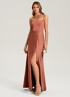 Azazie Lidia Bridesmaid Dresses Clay Mermaid Side Slit Stretch Satin Dress image9