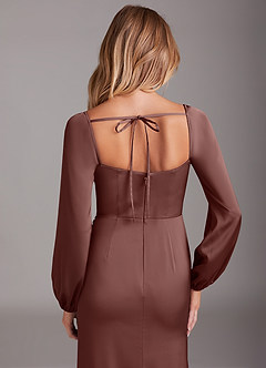 Azazie Charissa Bridesmaid Dresses Espresso Sheath Long Sleeve Stretch Satin Dress image2