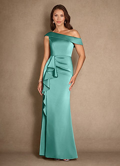 Azazie Hamptons Mother of the Bride Dresses Aqua A-Line Pleated Stretch Satin Dress image1