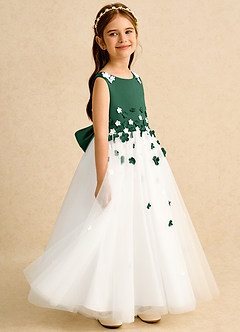 Azazie Eleni Blumenmädchenkleider Ballkleid Schleifen Tüll Kleid Elfenbein Dunkelgrün image5