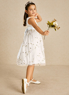 Azazie Pollie Flower Girl Dresses Ivory White A-Line Bow Tulle Dress image3