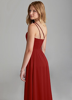 Azazie Maron Junior Pomegranate A-Line Pleated Stretch Satin Dress image2