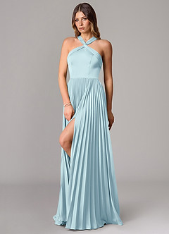 Azazie Afra Abiti da Damigella Abito A-Line in Raso Elasticizzato Plissettato Nuvola Blu image4